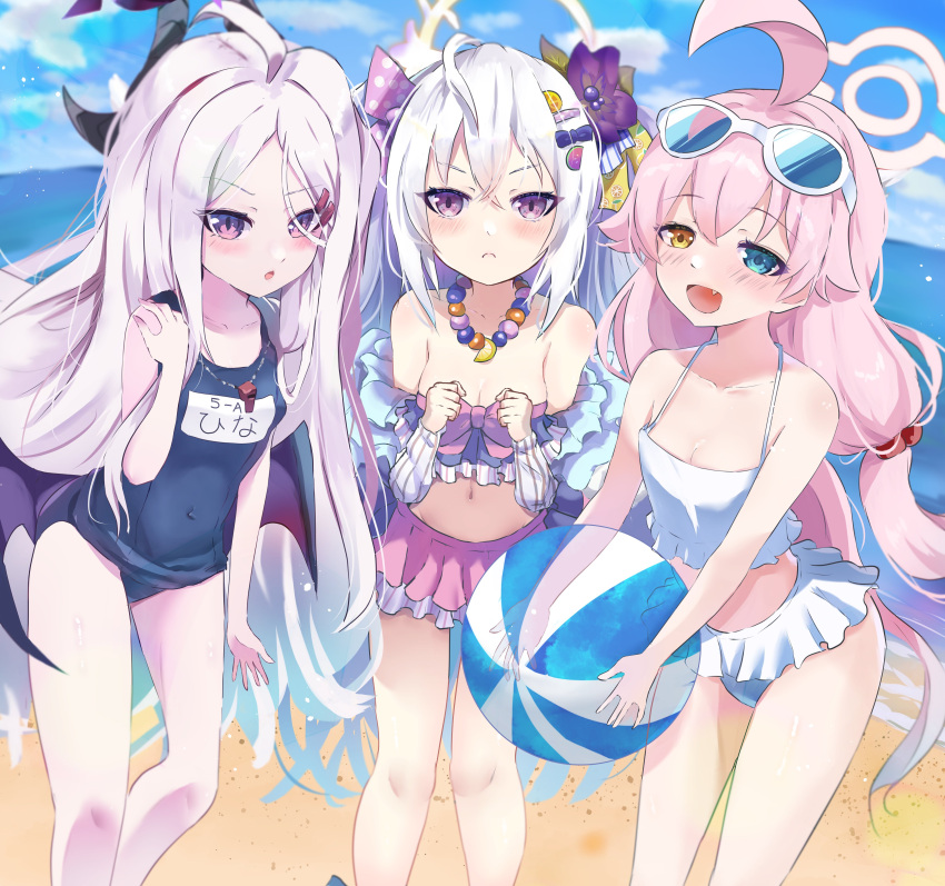3girls absurdres azusa_(blue_archive) azusa_(swimsuit)_(blue_archive) beach bead_necklace beads bikini bikini_skirt blue-tinted_eyewear blue_archive breasts cleavage demon_horns demon_wings eyewear_on_head feathered_wings flower food-themed_hair_ornament frilled_bikini frilled_panties frills hair_bobbles hair_ornament halo heterochromia highres hina_(blue_archive) hina_(swimsuit)_(blue_archive) horns hoshino_(blue_archive) hoshino_(swimsuit)_(blue_archive) jewelry long_hair low_twintails low_wings multicolored_bikini multicolored_clothes multiple_girls multiple_horns navel necklace nepdoneiji375 ocean official_alternate_costume old_school_swimsuit one-piece_swimsuit orange_hair_ornament panties purple_flower ribbon-trimmed_swimsuit ribbon_trim school_swimsuit strapless strapless_bikini sunglasses swimsuit tinted_eyewear twintails underwear watermelon_hair_ornament whistle whistle_around_neck white-framed_eyewear white_bikini white_wings wimawi wing_bow wings