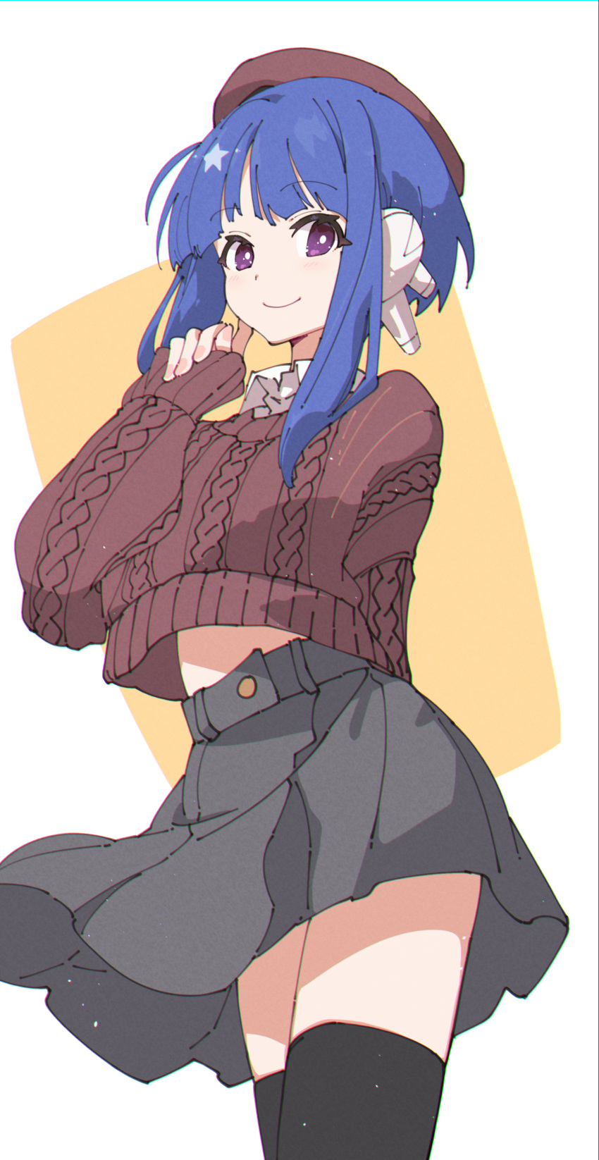 1girl absurdres arm_behind_back black_thighhighs blue_hair brown_headwear brown_sweater closed_mouth commentary commission grey_skirt hat highres ilfa_(to_heart) long_sleeves looking_at_viewer midriff miniskirt pixiv_commission pleated_skirt purple_eyes ribbed_sweater short_hair_with_long_locks sidelocks sketch skirt sleeves_past_wrists smile solo standing stomach sweater thighhighs to_heart_(series) to_heart_2 ushiki_yoshitaka wing_collar zettai_ryouiki