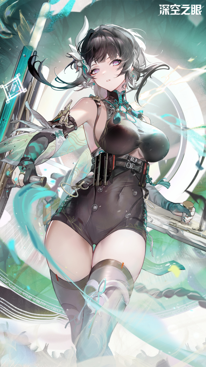 1girl aether_gazer armpits artist_request bare_shoulders belt black_gloves black_hair black_leotard black_thighhighs breasts cleavage_cutout clothing_cutout covered_navel detached_sleeves dual_wielding elbow_gloves gloves hair_ornament highres holding huge_weapon large_breasts leotard long_hair looking_at_viewer multiple_belts official_art partially_fingerless_gloves purple_eyes short_sleeves solo taut_leotard thigh_gap thighhighs thighs tonfa turtleneck underboob underboob_cutout weapon ying_zhao_(aether_gazer)