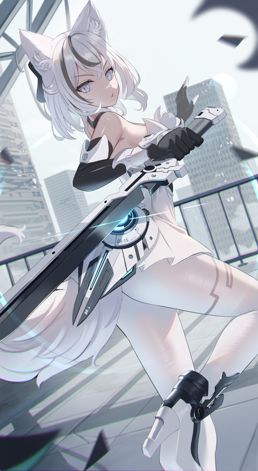 1girl absurdres animal_ears bare_shoulders black_gloves dress elbow_gloves fox_ears fox_girl fox_tail from_behind gloves grey_eyes high_heels highres holding holding_sword holding_weapon leg_up looking_back mirufuaa multicolored_hair open_mouth original pantyhose reverse_grip shoes solo strapless strapless_dress streaked_hair sword tail weapon white_dress white_footwear white_hair white_pantyhose