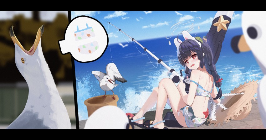 1girl absurdres bird black_hair blue_archive braid bucket crocs day fishing fishing_rod frown hat highres holding holding_fishing_rod miyu_(blue_archive) miyu_(swimsuit)_(blue_archive) ocean open_mouth outdoors red_eyes seagull shoulder_blades sidelocks sitting solo straw_hat swimsuit twin_braids xintianou