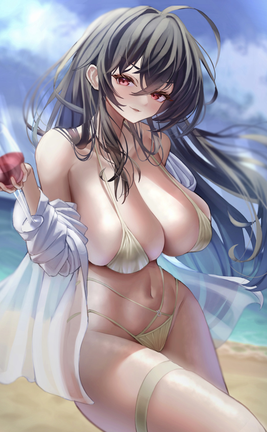 1girl absurdres azuma_(sospower73) azur_lane beach bikini black_hair blue_sky blurry blurry_background breasts cup drinking_glass floating_hair highres large_breasts long_hair navel ocean off_shoulder parted_lips red_eyes shirt sky stomach swimsuit taihou_(azur_lane) taihou_(seaside_daydreams)_(azur_lane) very_long_hair white_shirt wine_glass