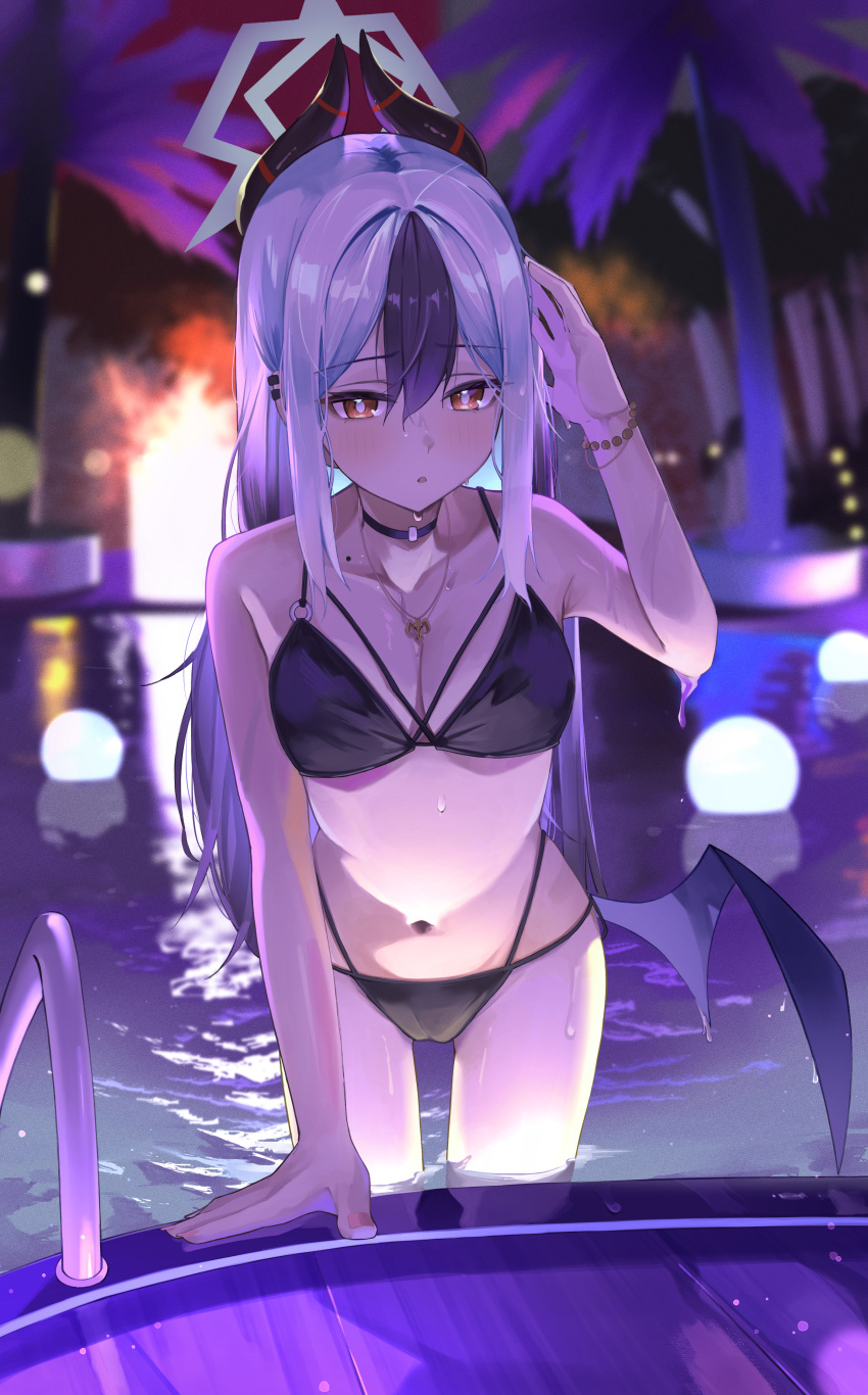 1girl :o absurdres bikini black_bikini black_choker blue_archive bracelet breasts choker demon_horns halo high_ponytail highres horns jewelry kayoko_(blue_archive) long_hair looking_at_viewer low_wings medium_breasts mole mole_on_collarbone nappi0110 navel necklace night parted_lips pool pool_ladder red_eyes solo stomach swimsuit tree very_long_hair wading white_hair wings