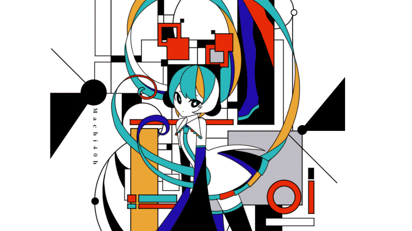 1girl abstract aqua_hair aqua_necktie artist_name bare_shoulders black_skirt black_sleeves black_thighhighs circle collared_shirt colored_skin cowboy_shot detached_sleeves floating_hair hatsune_miku long_hair long_sleeves looking_at_viewer machigami_yoh miniskirt necktie rectangle shapes shirt skirt sleeveless sleeveless_shirt solo standing thighhighs triangle very_long_hair vocaloid white_background white_shirt white_skin wide_sleeves zettai_ryouiki