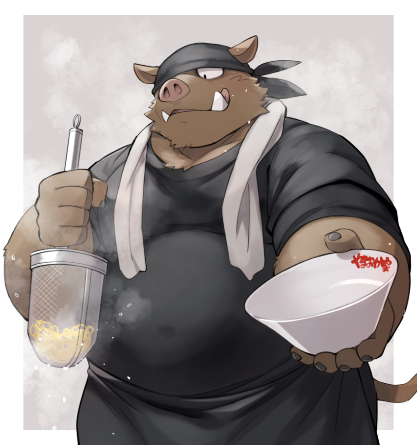 2023 anthro apron brown_body brown_fur clothing food fur hi_res humanoid_hands kemono kinoshita-jiroh male mammal musclegut noodles overweight overweight_male ramen shirt simple_background solo suid suina sus_(pig) topwear towel wild_boar