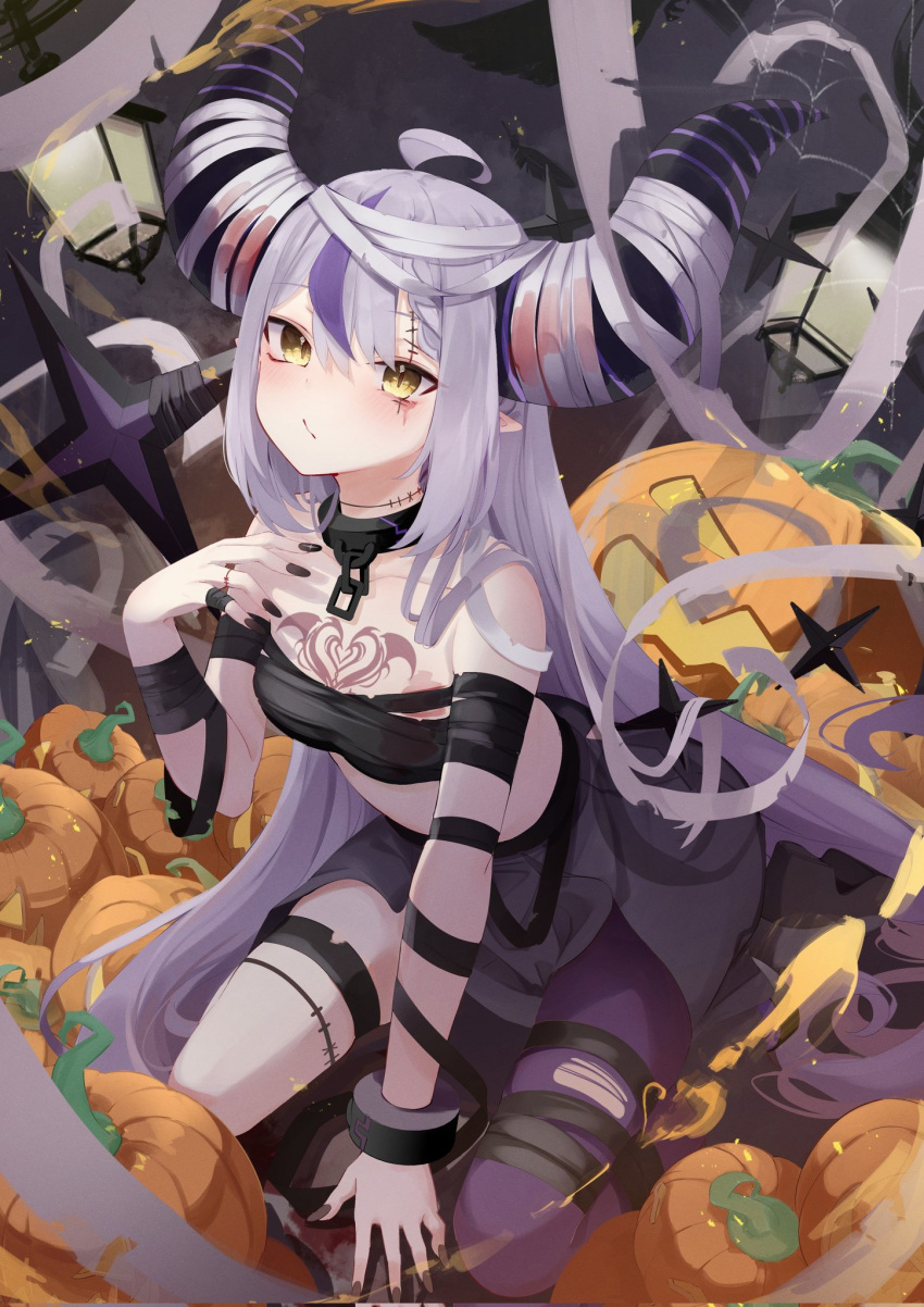 1girl ahoge bandages bare_shoulders braid braided_bangs chest_tattoo collar corrupted_twitter_file demon_horns highres hololive horns la+_darknesss long_hair metal_collar motoi_(croa76) multicolored_hair nail_polish pointy_ears purple_hair streaked_hair striped_horns tattoo thigh_strap very_long_hair virtual_youtuber yellow_eyes