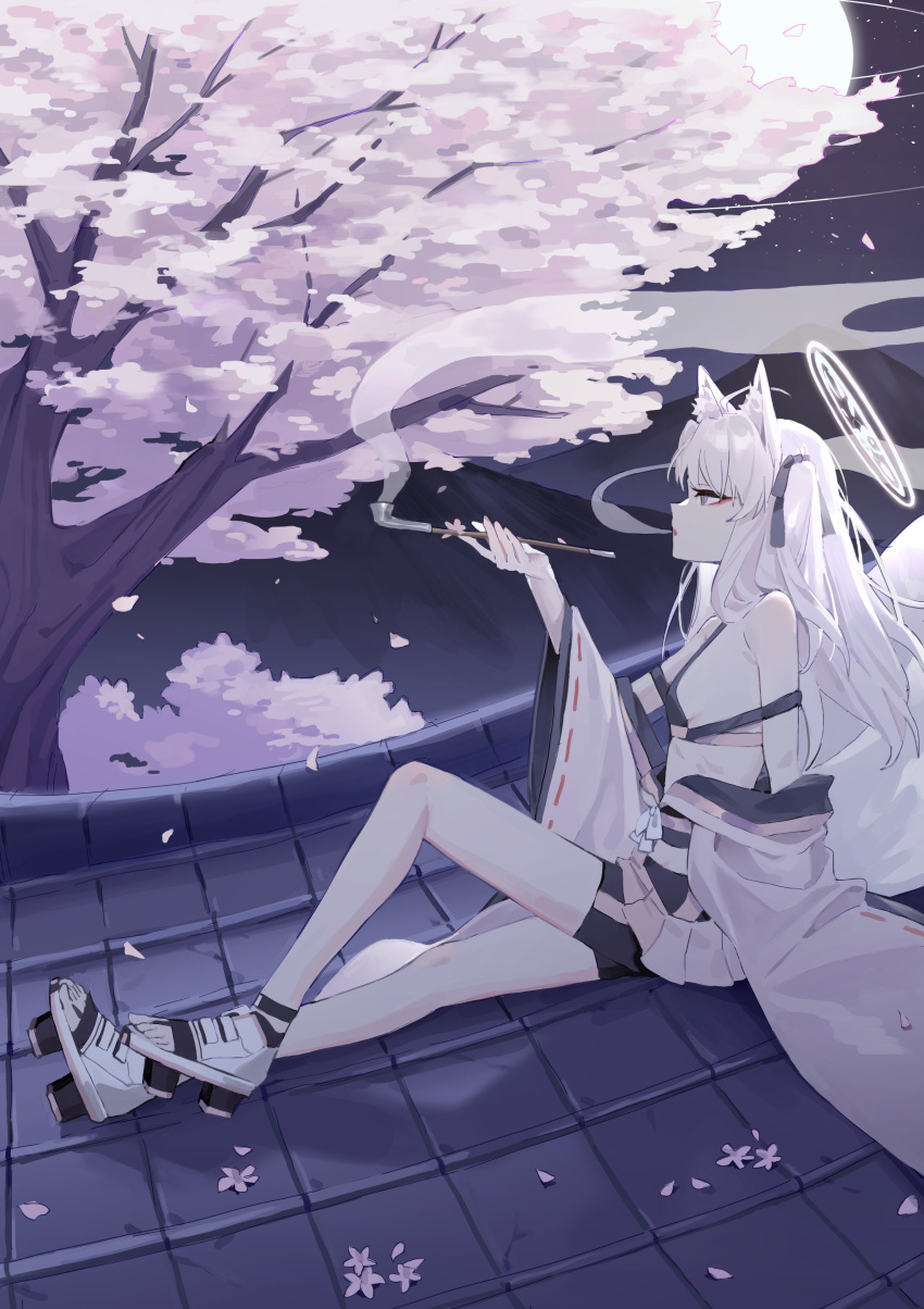 1girl absurdres animal_ears bike_shorts black_shorts blue_archive breasts cherry_blossoms eyeshadow fox_ears fox_tail grey_eyes halo highres holding holding_smoking_pipe japanese_clothes kimono kuzunoha_(blue_archive) long_hair makeup multiple_tails parted_lips red_eyeshadow ribbon-trimmed_sleeves ribbon_trim rooftop seizou_hidzuke shorts sideboob sitting small_breasts smoking_pipe solo tail two_tails white_hair white_kimono wide_sleeves