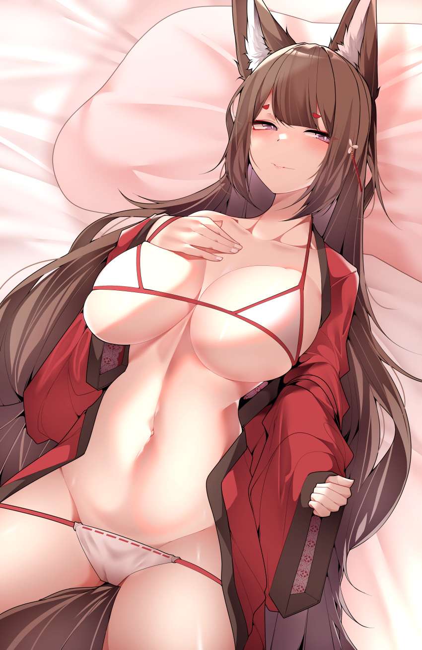 1girl absurdres amagi_(azur_lane) animal_ears azur_lane bare_shoulders blush bra breasts brown_hair eyeshadow fox_ears fox_girl fox_tail groin hair_ornament hairpin half-closed_eyes hand_on_own_chest hand_up highres japanese_clothes kimono kimono_pull kitsune large_breasts long_hair long_sleeves looking_at_viewer lying makeup midriff multiple_tails navel on_back on_bed open_clothes open_kimono panties panty_pull presenting pulled_by_self purple_eyes red_eyeshadow red_kimono samip skindentation slit_pupils smile solo spread_legs stomach tail thighs underwear undressing very_long_hair white_bra white_panties wide_sleeves