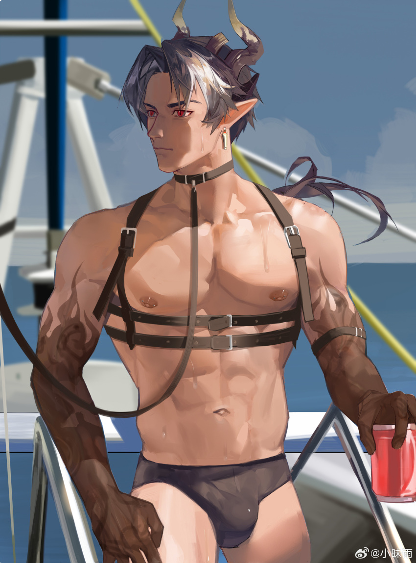 1boy abs absurdres alternate_costume arknights bara bare_pectorals black_hair black_male_swimwear boat brown_hair bulge chest_belt chong_yue_(arknights) dragon_boy dragon_horns dragon_tail highres horns large_pectorals long_hair looking_to_the_side male_focus male_swimwear miyuame_(myame0719) multicolored_hair muscular muscular_male navel nipples ocean pectorals pointy_ears red_eyes solo stomach streaked_hair tail thick_eyebrows watercraft