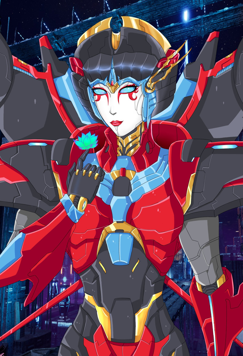 1girl armor blue_eyes breasts flower highres holding holding_flower humanoid_robot makeup mecha_musume mechanical_wings medium_breasts red_lips robot shoulder_armor solo transformers windblade wings