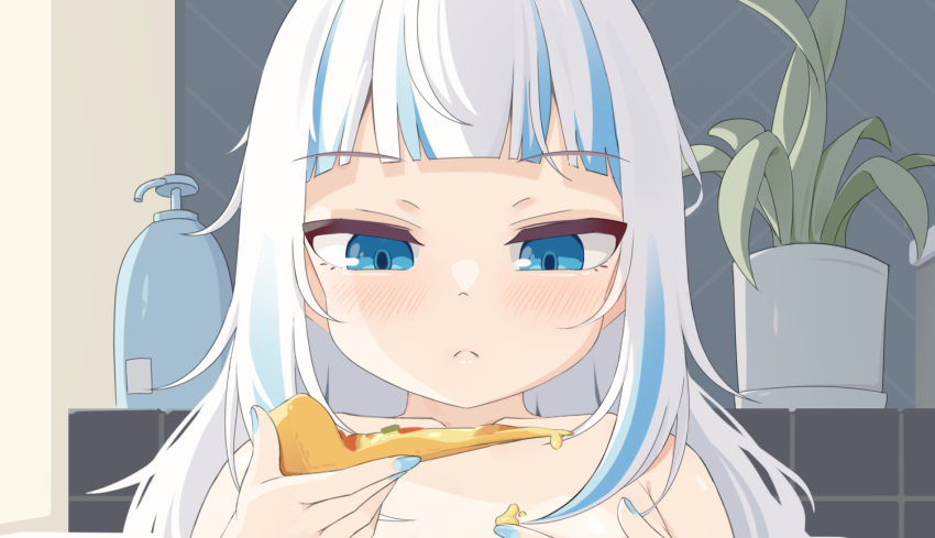 1girl :&lt; ahoge bath bathing bathtub blue_eyes blue_hair blue_nails closed_mouth food gawr_gura holding holding_food holding_pizza hololive hololive_english indoors long_hair multicolored_hair nude partially_submerged pizza pizza_slice plant shark_girl solo streaked_hair tenroy virtual_youtuber white_hair