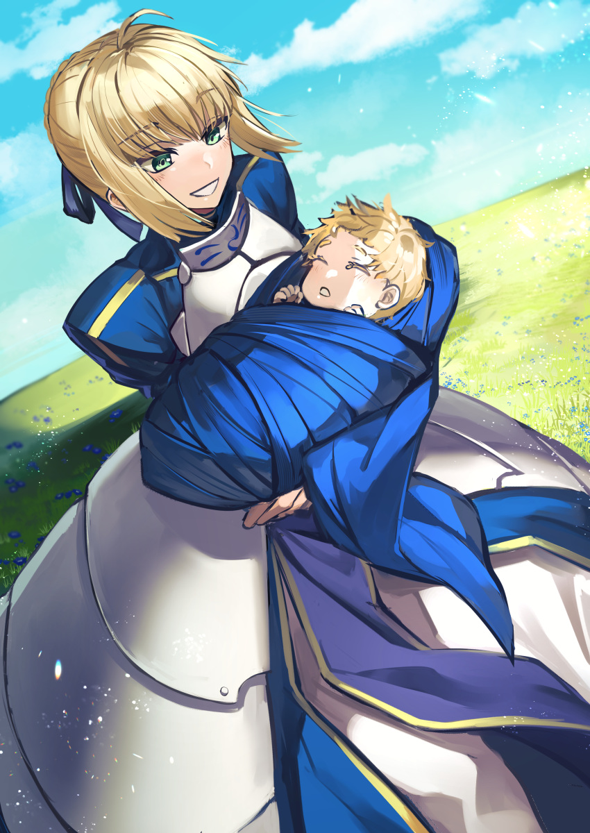 1boy 1girl absurdres ahoge armor artoria_pendragon_(fate) baby blonde_hair fate/stay_night fate_(series) grass green_eyes highres holding_baby if_they_mated kansya mother_and_son on_grass saber sleeping smile