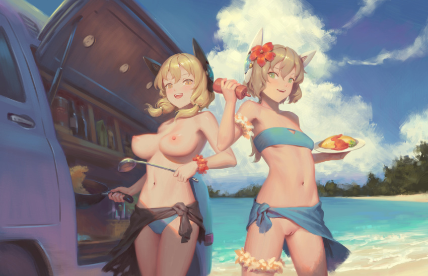 2girls :d beach bigrbear bikini bikini_top_only blonde_hair blue_bikini blue_sky blush breasts brown_hair car cloud commentary_request day flower food green_eyes hair_flower hair_ornament highres holding holding_ladle holding_plate ketchup ladle large_breasts looking_at_viewer motor_vehicle multiple_girls navel nipples ocean omelet omurice open_mouth original outdoors plate pussy red_flower short_hair short_twintails sky small_breasts smile standing swimsuit topless twintails uncensored yellow_eyes