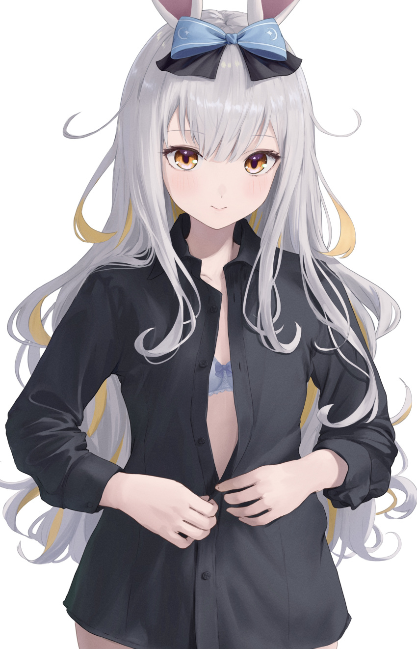 1girl absurdres animal_ears black_shirt blue_bra bow bra breasts brown_eyes buttoning buttons grey_hair hair_bow highres indie_virtual_youtuber long_hair messy_hair mochizuki_himari no_pants rabbit_ears rabbit_girl ribbon shirt small_breasts solo tansui_san_(tcjp4784) unbuttoned underwear upper_body virtual_youtuber