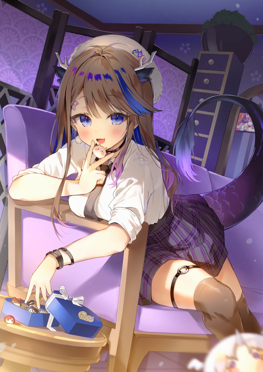 1girl :d absurdres airi_kanna animal_ears black_choker black_necktie black_thighhighs blue_eyes blush breasts brown_hair choker cookie couch earrings eating food gradient_hair grey_headwear hat highres horns indoors iop5509 jewelry looking_at_viewer medium_breasts multicolored_hair necktie o-ring o-ring_thigh_strap on_couch open_mouth plaid plaid_skirt plant potted_plant purple_hair purple_skirt school_uniform shirt short_sleeves sitting skirt smile solo stellive tail thigh_strap thighhighs white_shirt