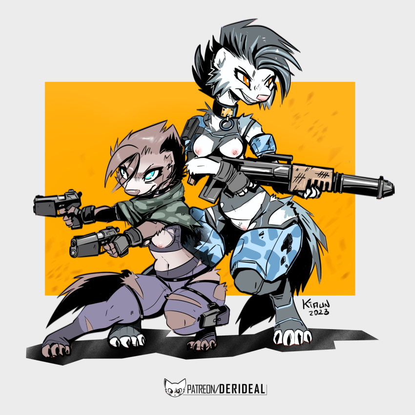 1:1 2023 blue_clothing blue_eyes breasts brown_nose claws claws_out clothing collar collar_ring colored derideal digital_drawing_(artwork) digital_media_(artwork) duo ears_up english_text female feral genitals grey_clothing gun handgun hi_res icon kiaun letters looking_away mix_(derideal) orange_eyes pink_nose pistol pistols portrait pussy ranged_weapon shaded shadow signature simple_background smile symbol teeth text url weapon white_background yellow_background