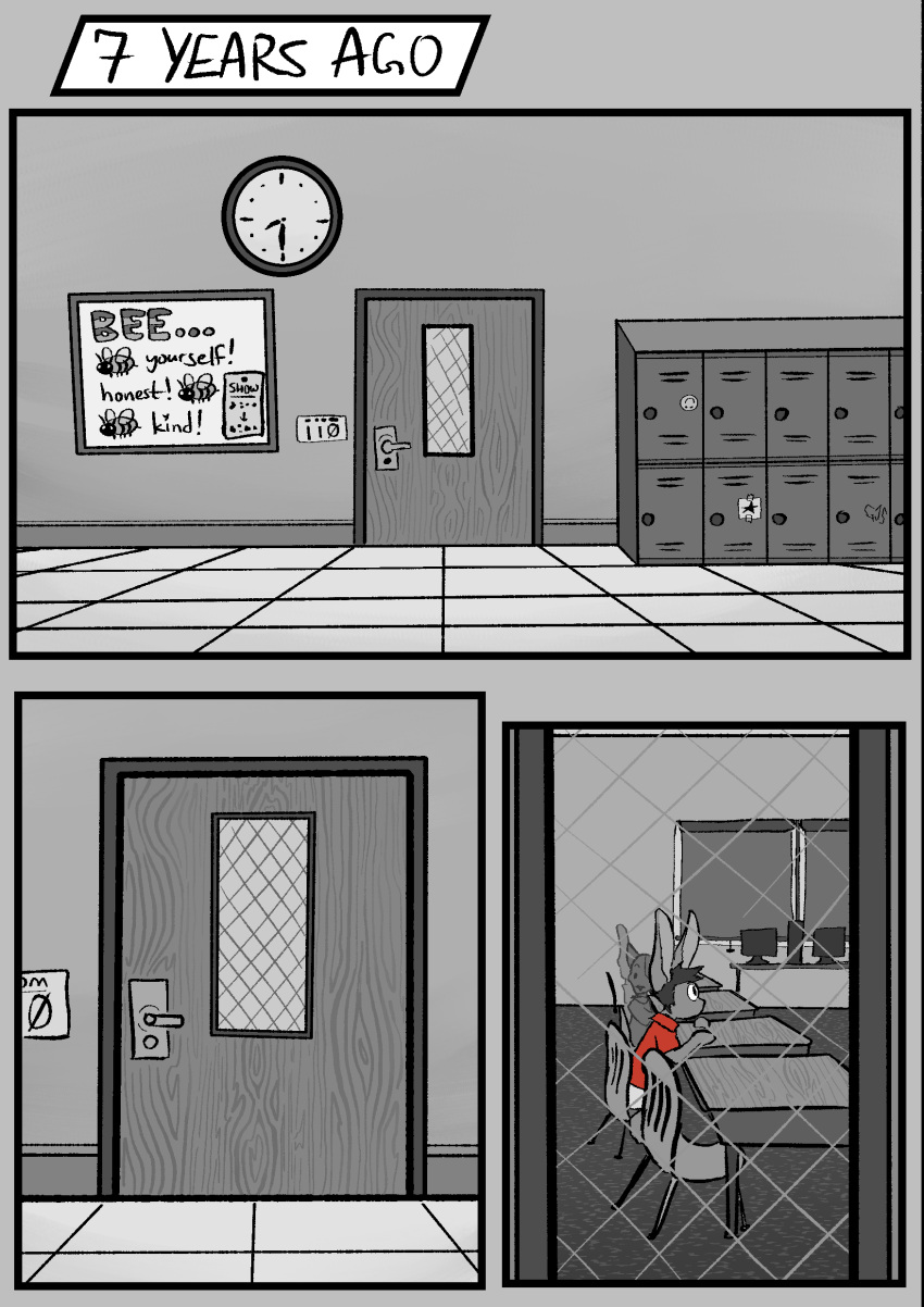 2023 absurd_res ambiguous_gender anthro arthropod bee clock clothed clothing comic dialogue digital_media_(artwork) door english_text fur greyscale group hair halcyon_(series) herba_(halcyon) hi_res hymenopteran insect lagomorph leporid locker lost_andsafe male mammal monochrome rabbit text