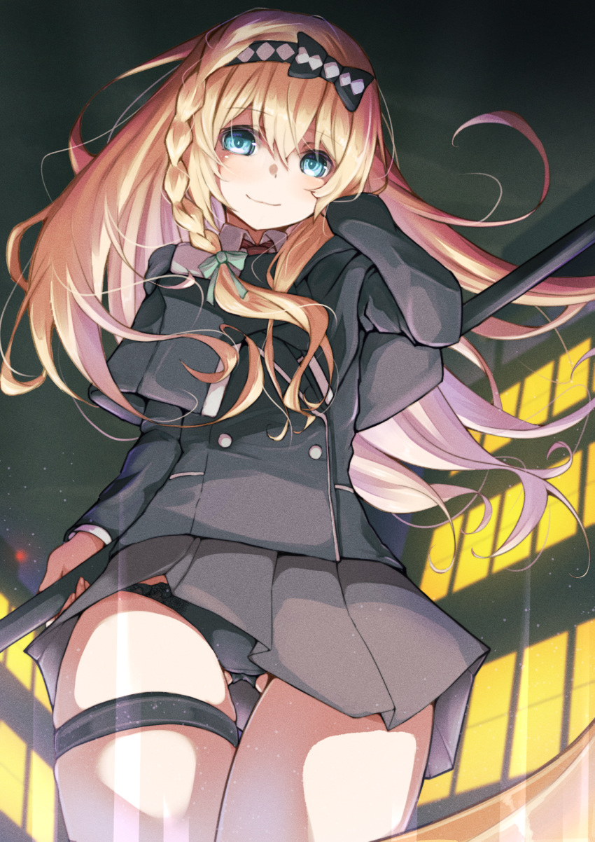 1girl ass_visible_through_thighs black_bow black_panties black_shirt black_skirt blonde_hair blue_eyes bow braid closed_mouth commentary_request demimushi green_bow hair_bow hairband highres holding holding_scythe kakuchou_shoujo-kei_trinary long_hair long_sleeves looking_at_viewer night night_sky outdoors panties pleated_skirt puffy_long_sleeves puffy_sleeves scythe shirt single_braid skirt sky smile solo standing thigh_gap underwear uzuki_kagura
