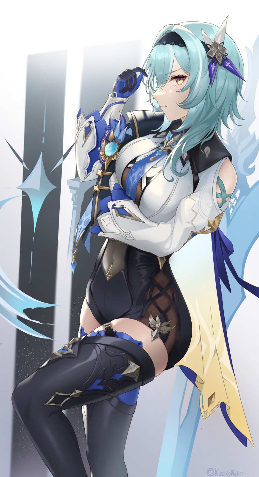 1girl absurdres arm_under_breasts black_hairband blue_cape blue_hair boots breasts cape closed_mouth clothing_cutout covered_navel cowboy_shot eula_(genshin_impact) from_side genshin_impact greatsword hair_between_eyes hair_ornament hairband hand_up high-waist_shorts highres kinokoneko knee_up large_breasts long_sleeves looking_at_viewer medium_hair playing_with_own_hair shorts shoulder_cape shoulder_cutout solo sword thigh_boots weapon white_sleeves wide_sleeves yellow_eyes
