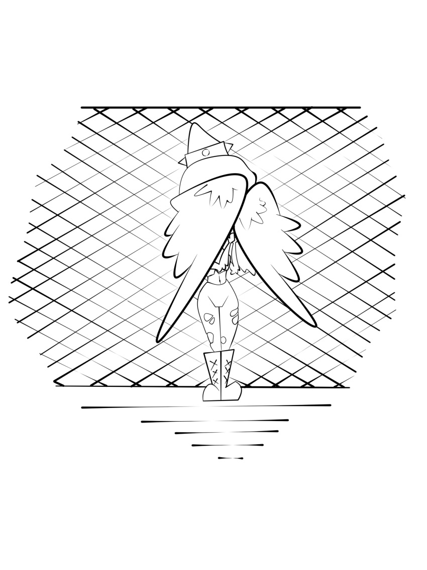 2023 anthro black_and_white boots bottomwear chain-link_fence clothing crop_top denim denim_clothing dinosaur elbow_feathers fang_(gvh) feathered_wings feathers female fence fogata footwear goodbye_volcano_high hair halter_top hi_res jeans long_hair midriff monochrome pants pterodactylus pterosaur reptile scalie shirt snoot_game_(fan_game) solo topwear torn_bottomwear torn_clothing torn_jeans torn_pants wings