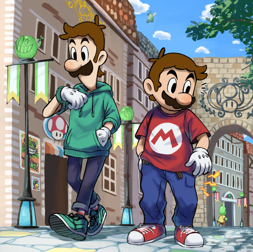 2boys alternate_costume beanie_(mario) big_nose brothers brown_hair building city facial_hair gloves green_footwear green_hoodie highres hood hoodie kylie_koopa lamppost luigi male_focus mario mario_&amp;_luigi:_superstar_saga mario_&amp;_luigi_rpg mario_(series) masanori_sato_(style) multiple_boys mustache official_style plumber queen_bean red_footwear red_shirt shirt short_hair siblings socks stone_floor striped striped_socks super_mushroom watch white_gloves ya_mari_6363