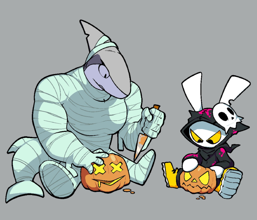 2022 anthro black_eyes dodge_(sludgetoons) duo female fish grey_background halloween hi_res holidays jack-o'-lantern knife lagomorph lamnid lamniform leporid male mammal marine mattie_(sludgetoons) mummy_costume muscular muscular_anthro muscular_female rabbit shark simple_background sitting sitting_on_ground sludgetoons yellow_sclera