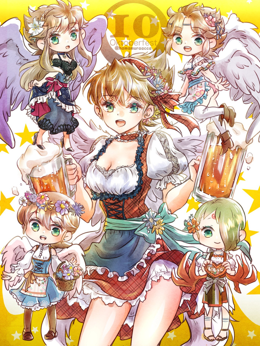 5girls alcohol angel_wings basket beer beer_mug blonde_hair breasts breath_of_fire breath_of_fire_i breath_of_fire_ii breath_of_fire_iii breath_of_fire_iv breath_of_fire_v closed_mouth cup dress feathered_wings german_clothes green_eyes hairband hamamuraacca highres holding holding_cup long_hair looking_at_viewer mug multiple_girls nina_(breath_of_fire_i) nina_(breath_of_fire_ii) nina_(breath_of_fire_iii) nina_(breath_of_fire_iv) nina_(breath_of_fire_v) oktoberfest open_mouth panties pink_panties short_hair smile thighhighs underwear waitress white_thighhighs white_wings wings