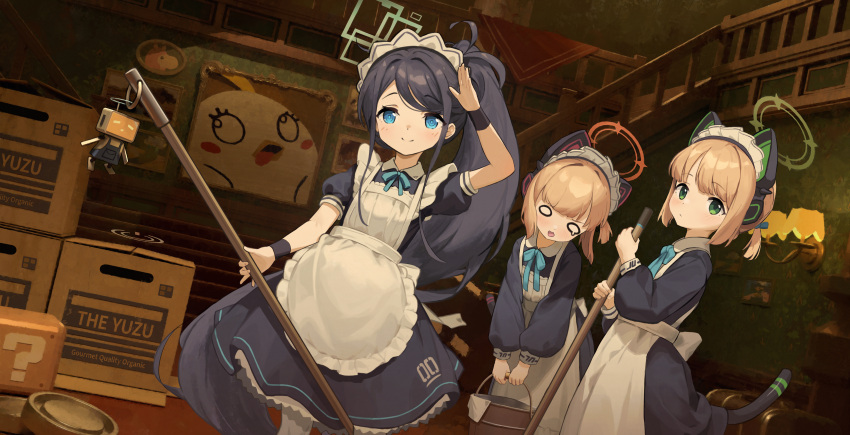 &lt;key&gt;_(robot)_(blue_archive) 4girls ?_block absurdly_long_hair absurdres animal_ear_headphones animal_ears apron aris_(blue_archive) aris_(maid)_(blue_archive) black_hair blue_archive blue_eyes blunt_bangs box bucket cardboard_box cat_ear_headphones cat_tail character_name commentary_request fake_animal_ears fake_tail frilled_apron frills green_eyes halo headphones hiding highres holding holding_bucket holding_mop in_box in_container indoors light_brown_hair long_hair long_sleeves looking_at_viewer maid maid_apron maid_headdress mario_(series) metal_gear_(series) metal_gear_solid midori_(blue_archive) midori_(maid)_(blue_archive) momoi_(blue_archive) momoi_(maid)_(blue_archive) mop multiple_girls official_alternate_costume official_alternate_hairstyle painting_(object) pantyhose parody parted_bangs peroro_(blue_archive) robotic_vacuum_cleaner salute shijiuuuuuuu short_sleeves side_ponytail sidelocks smile tail treasure_chest very_long_hair white_apron white_pantyhose wristband yuzu_(blue_archive) yuzu_(maid)_(blue_archive)