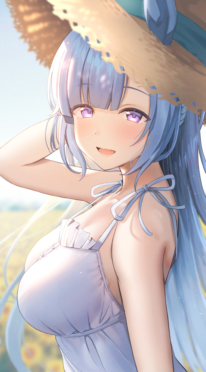 1girl absurdres animal_ears blue_hair blush breasts dress ears_through_headwear hat highres horse_ears horse_girl large_breasts long_hair mejiro_ardan_(umamusume) open_mouth purple_eyes ray_mil68 smile solo straw_hat sundress umamusume upper_body white_dress