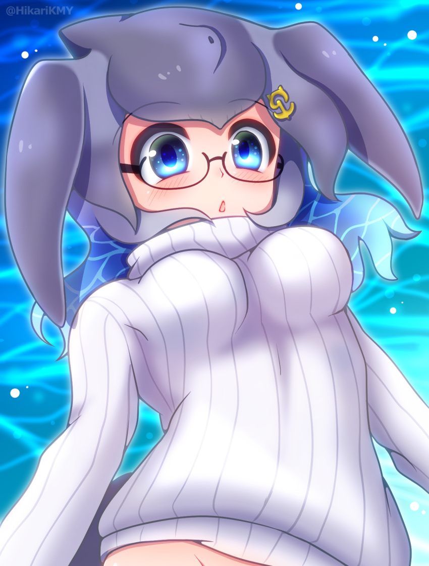 1girl black-framed_eyewear blue_eyes blue_hair blue_whale_(kemono_friends) breasts glasses grey_hair highres hikarikmy kemono_friends large_breasts looking_at_viewer multicolored_hair parted_lips ribbed_sweater short_hair solo sweater triangle_mouth twitter_username white_sweater