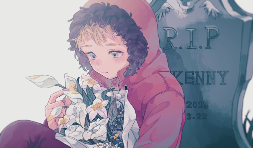 1boy blonde_hair blue_eyes blush bouquet flower fur-trimmed_jacket fur_trim grave highres hood hood_up hooded_jacket jacket kenny_mccormick lily_(flower) male_focus sitting smile solo south_park tombstone uvuv2u