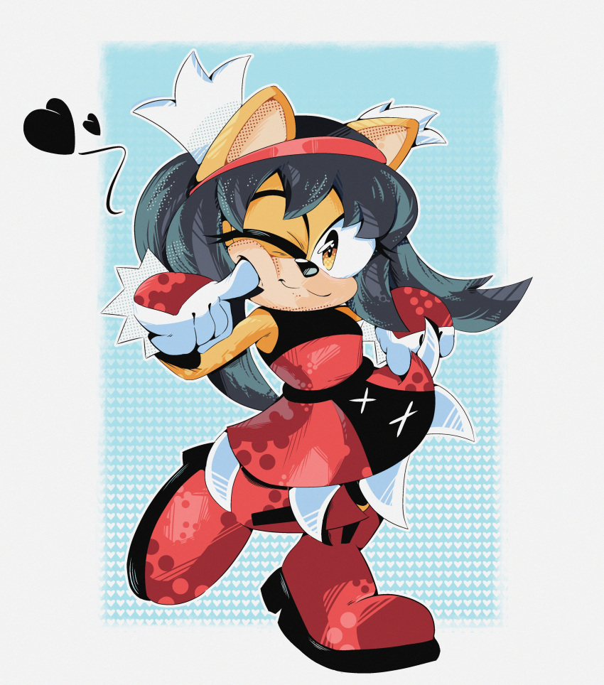 1girl :3 absurdres animal_ears animal_nose black_hair boots breasts cat_ears cat_girl dress eltravinjo english_commentary furry furry_female gloves hairband highres honey_the_cat looking_at_viewer one_eye_closed red_footwear simple_background smile solo sonic_(series) sonic_the_fighters tail twintails white_background white_gloves