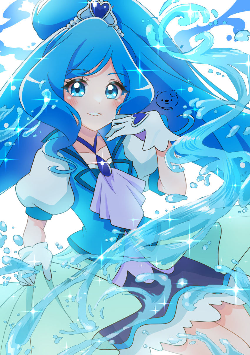 1girl absurdres ascot birthday blue_choker blue_eyes blue_hair blue_skirt blue_theme blue_vest choker cure_fontaine earrings gloves hair_ornament happy_birthday healin'_good_precure heart heart_hair_ornament highres jewelry long_hair looking_at_viewer magical_girl moro_precure necklace ponytail precure puffy_sleeves sawaizumi_chiyu short_sleeves skirt smile solo split_ponytail very_long_hair vest water white_gloves wide_ponytail