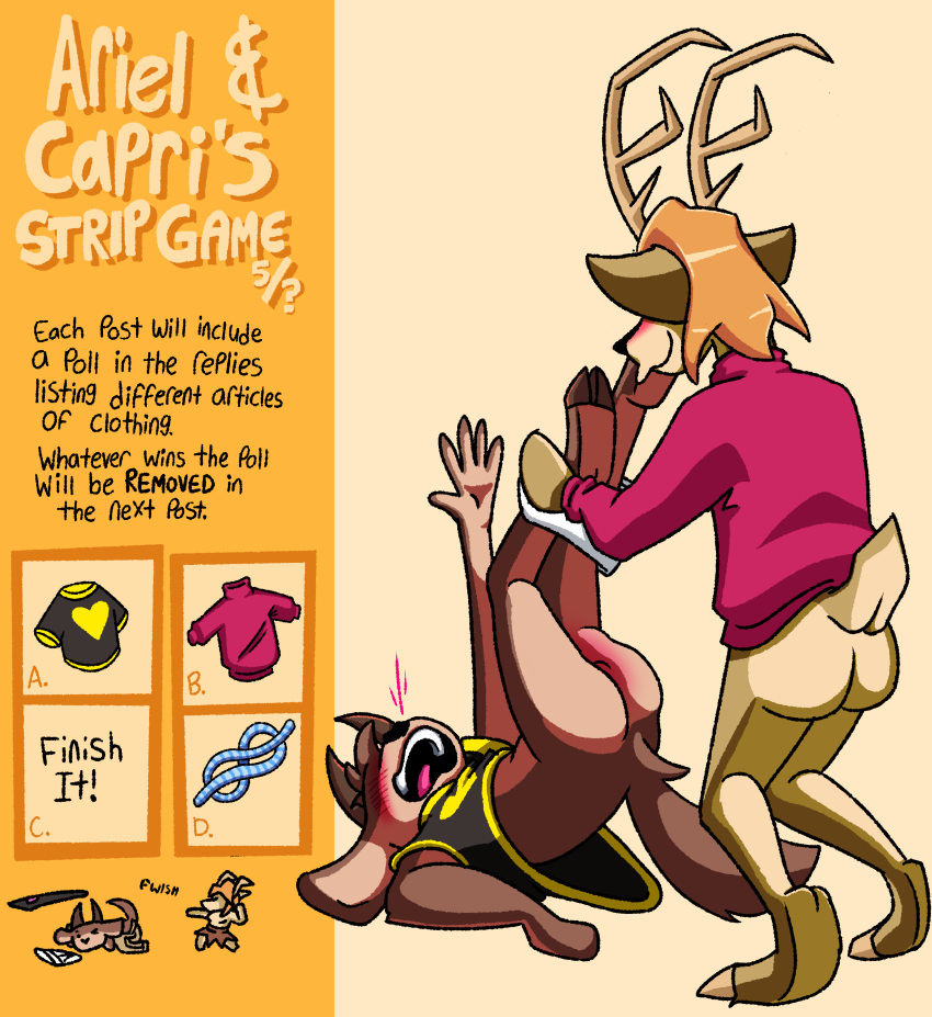 absurd_res anthro ariel_(deerkid) assisted_exposure barefoot black_clothing black_shirt black_t-shirt black_topwear blush bovid briefs brown_body brown_fur brown_hair butt capri_(deerkid) caprine clothing crying_out deer deerkid detailed_background english_text feet female fur goat hair hi_res hooves horn male male/female mammal orange_hair red_clothing red_sweater red_topwear reddened_butt rope shirt smile sweater t-shirt tan_body tan_fur text tighty_whities topwear underwear white_briefs white_clothing white_underwear yellow_seam_shirt yellow_seam_t-shirt