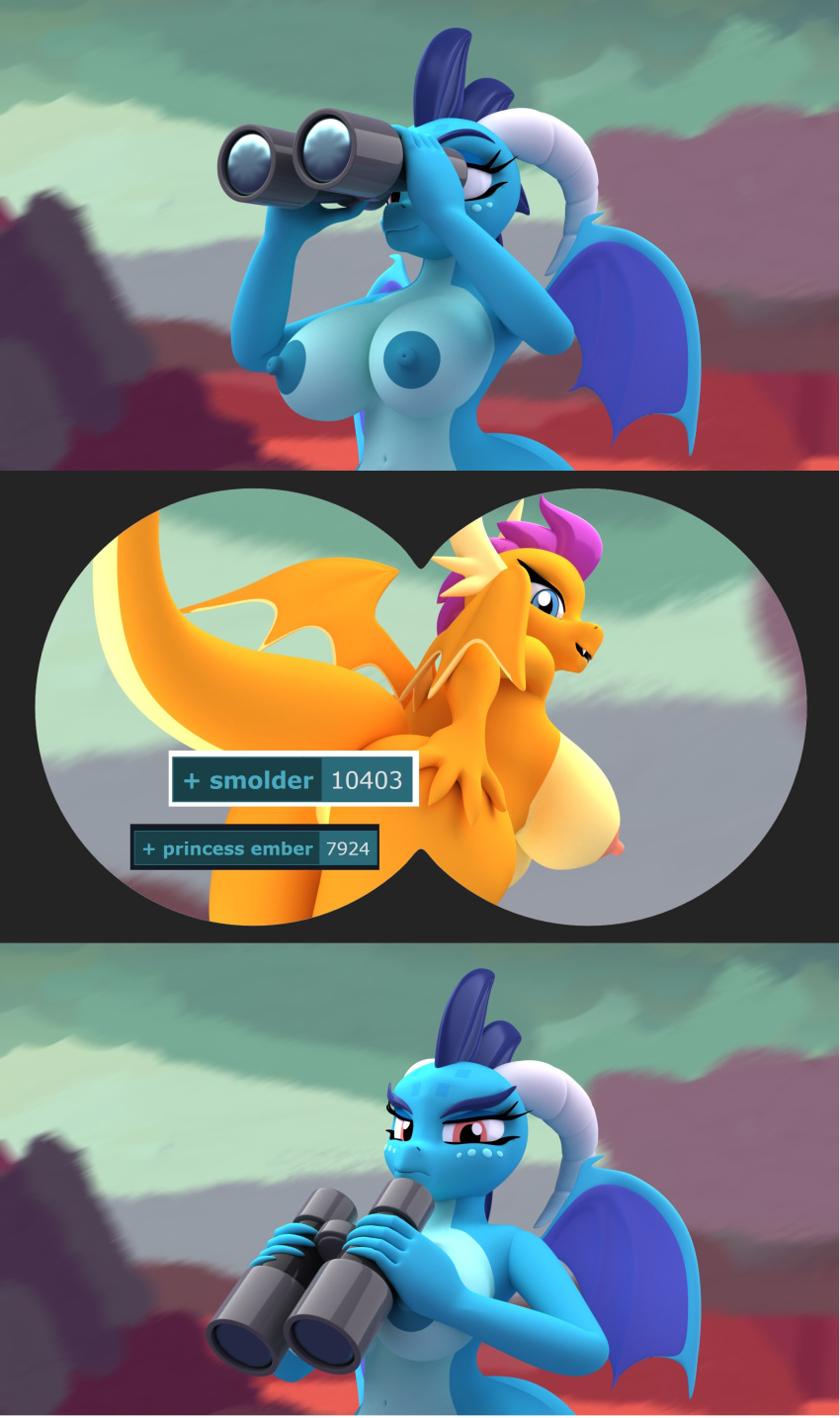 3d_(artwork) absurd_res anthro areola argos90 big_breasts binoculars blue_areola blue_body blue_eyes blue_nipples blue_skin breasts censored curled_horn derpibooru digital_media_(artwork) dragon female friendship_is_magic frown hasbro hi_res holding_object horn my_little_pony nipples non-mammal_breasts orange_body orange_skin orange_tail pink_areola pink_nipples princess_ember_(mlp) red_eyes scalie smolder_(mlp) spikes tag tail unimpressed western_dragon wings