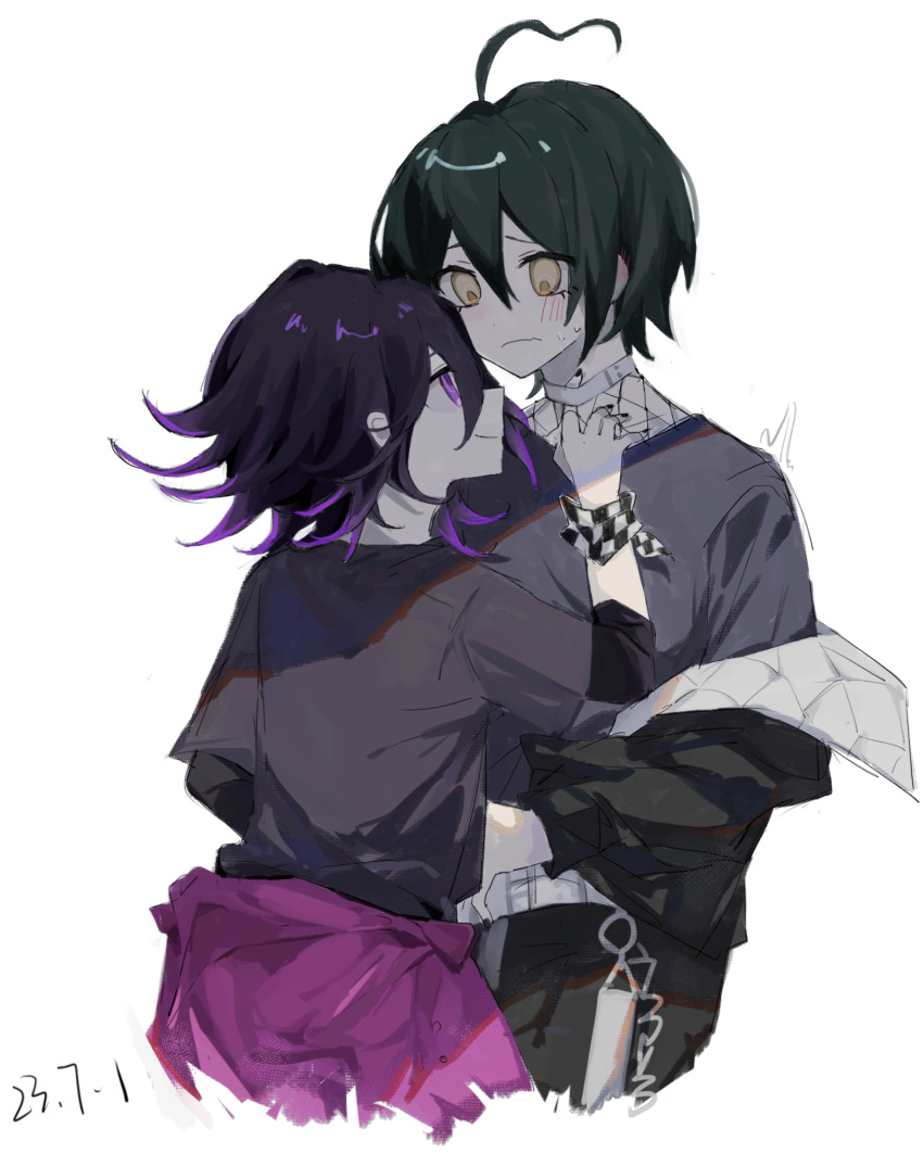 ahoge black_hair blush checkered_wristband choker danganronpa_(series) danganronpa_v3:_killing_harmony ear_blush facing_another fishnet_top fishnets hair_between_eyes highres jacket looking_at_another male_focus nervous_sweating off_shoulder oma_kokichi open_clothes open_jacket purple_eyes purple_hair saihara_shuichi shirt short_hair sidelighting smile sweat t-shirt wavy_hair white_background white_choker yaoi yellow_eyes