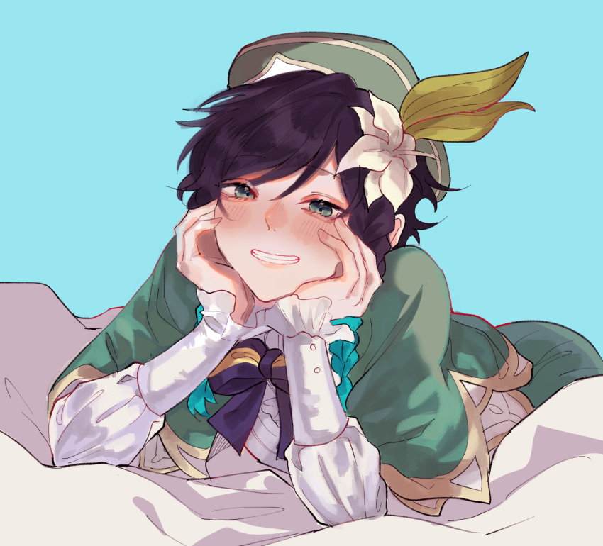 1boy :d arm_support bard beret black_bow black_bowtie black_hair blue_background blue_hair blush bow bowtie braid cape cecilia_flower_(genshin_impact) collared_cape commentary english_commentary flower frilled_sleeves frills genshin_impact gradient_hair green_cape green_eyes green_headwear green_shorts grin half-closed_eyes hat hat_flower head_rest highres hsteetee long_sleeves looking_at_viewer lying male_focus multicolored_hair on_bed on_stomach short_hair_with_long_locks shorts side_braids simple_background smile twin_braids venti_(genshin_impact) white_flower