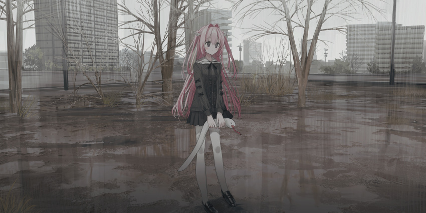 1girl bare_tree black_bow black_footwear black_shirt black_skirt blush bow building chihuri closed_mouth hair_between_eyes hair_intakes highres holding holding_stuffed_toy loafers long_hair long_sleeves nea_(chihuri) original outdoors overcast pantyhose pink_hair pleated_skirt purple_eyes shirt shoes skirt sky solo stuffed_animal stuffed_snake stuffed_toy tree two_side_up very_long_hair white_pantyhose wing_hair_ornament