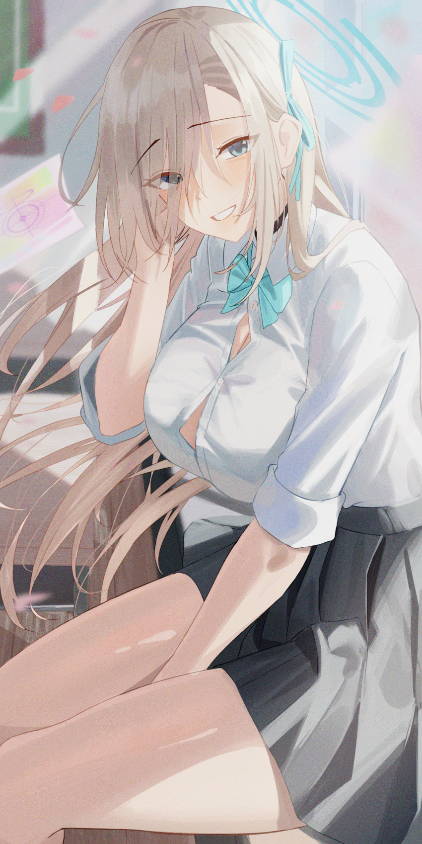 1girl asuna_(blue_archive) asymmetrical_bangs blue_archive blue_bow blue_bowtie blue_eyes bow bowtie breasts choker collared_shirt dea hair_over_one_eye hair_ribbon halo highres large_breasts light_brown_hair long_bangs long_hair long_sleeves looking_at_viewer ribbon shirt skirt sleeves_rolled_up smile solo thighs