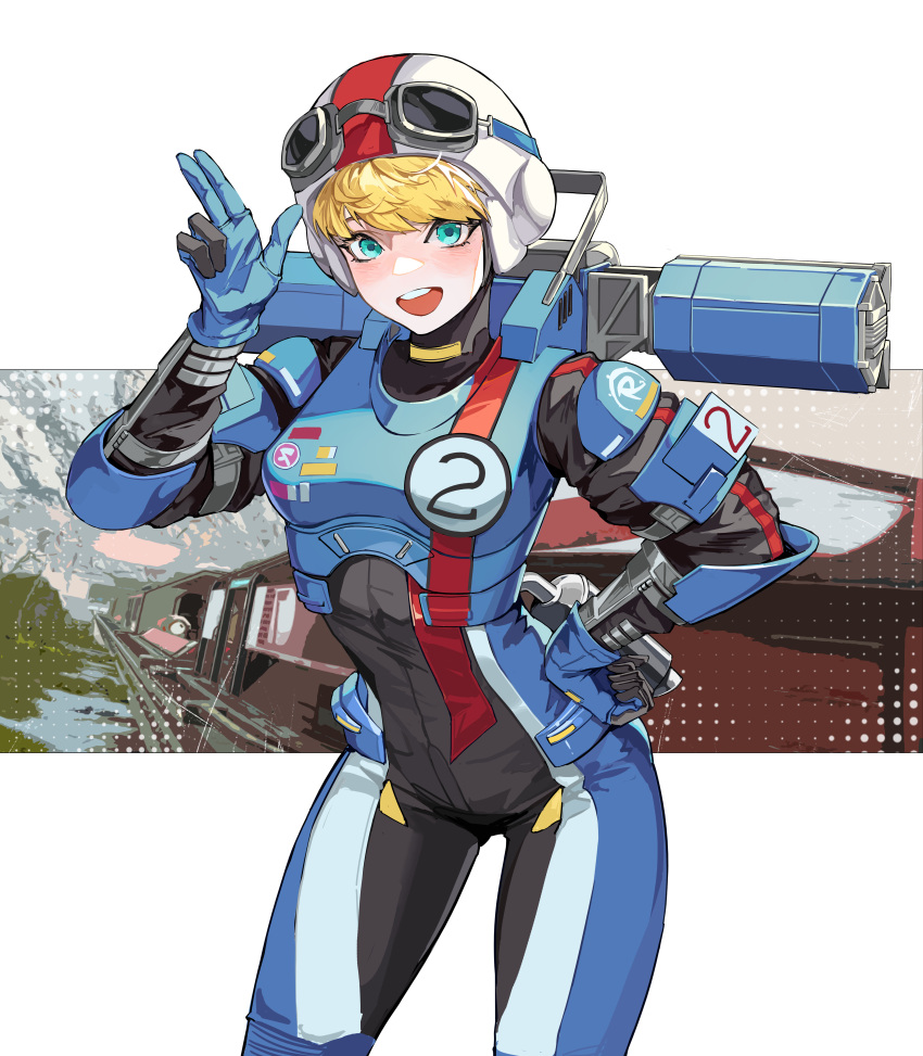 1girl absurdres animification apex_legends armor black_bodysuit blonde_hair blue_bodysuit bodysuit breastplate finger_gun goggles goggles_on_headwear hand_on_own_hip helmet highres looking_at_viewer official_alternate_costume open_mouth pope_(user_vuza2542) smile solo two-tone_bodysuit wattson_(apex_legends) white_headwear wired_for_speed_wattson world's_edge