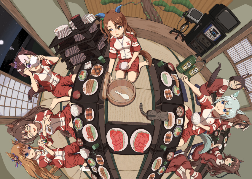 6+girls animal_ears aqua_eyes architecture bowl brown_eyes brown_hair cat chopsticks dinner ear_covers east_asian_architecture eating el_condor_pasa_(umamusume) fisheye food fruit golden_generation_(umamusume) grass_wonder_(umamusume) highres holding holding_bowl holding_chopsticks horse_ears horse_girl horse_tail indoors jacket king_halo_(umamusume) light_green_hair multiple_girls night night_sky plate red_jacket rice seiun_sky_(umamusume) sky sliding_doors special_week_(umamusume) sushi tail tatami television tomozo8674 tracen_training_uniform track_jacket umamusume watermelon wavy_hair