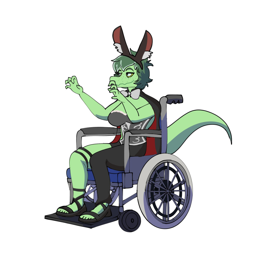 1:1 2023 alligator alligatorid anthro big_breasts bow_tie breasts cape clothing corset costume crocodilian curvy_figure digital_drawing_(artwork) digital_media_(artwork) disability fake_ears feet female fingers footwear freckles green_body green_hair green_scales grey_eyes hair halloween hi_res holidays i_wani_hug_that_gator jezlez1 lingerie long_tail olivia_(iwhtg) paraplegic reptile sandals scales scalie short_hair simple_background solo tail toes topwear wheelchair white_background yellow_sclera