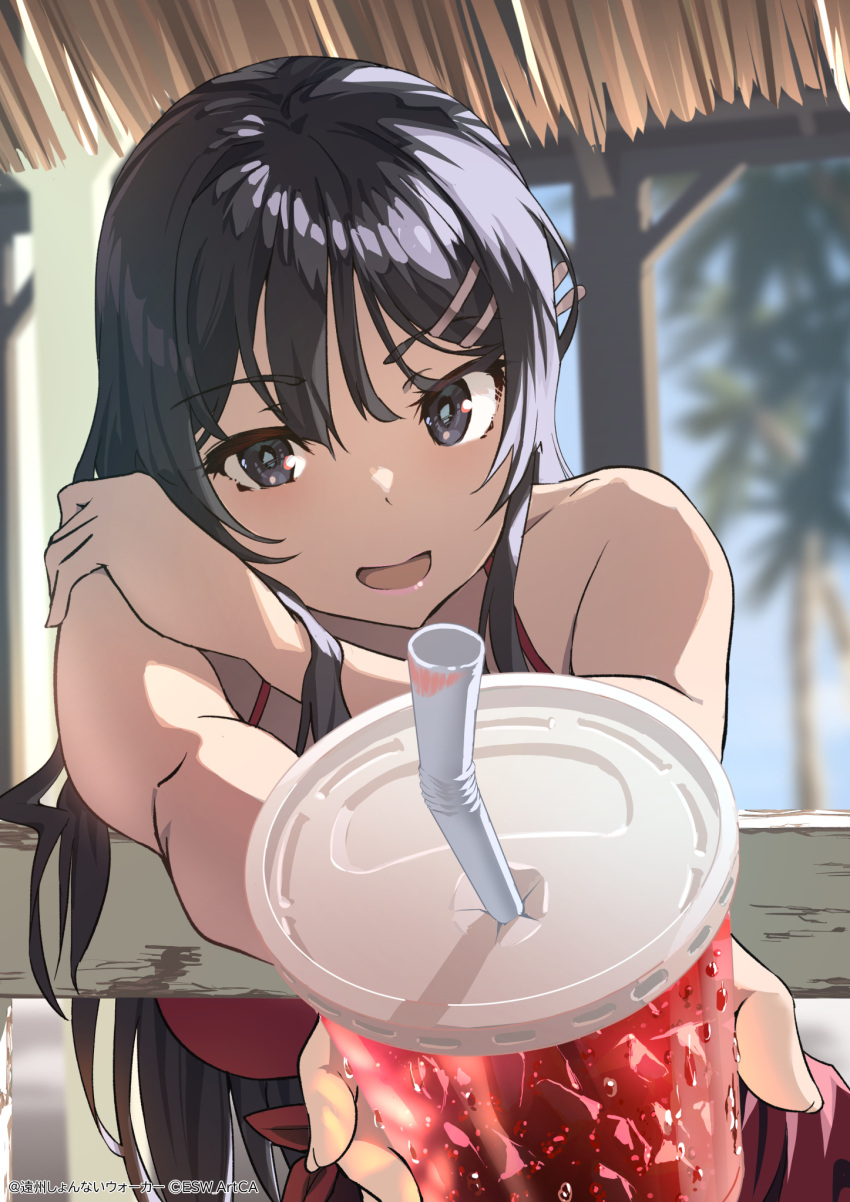 1girl bikini black_eyes black_hair commentary commentary_request drink hair_between_eyes hair_ornament hairclip highres looking_at_viewer open_mouth palm_tree pov raiz_art_works red_bikini sakurajima_mai seishun_buta_yarou smile swimsuit tree