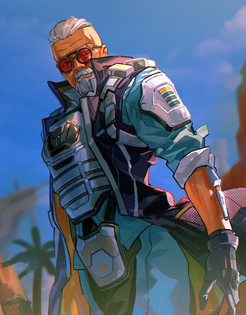 1boy animification apex_legends ballistic_(apex_legends) black_eyes black_jacket blue_pants blue_shirt cloud cuirass grey_hair hair_slicked_back highres jacket looking_to_the_side male_focus old old_man palm_tree pants parted_lips red-tinted_eyewear round_eyewear shirt sky sleeveless sleeveless_jacket solo sunglasses thundergotch tinted_eyewear tree