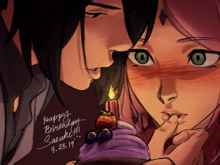 1boy 1girl black_eyes black_hair blueberry boruto:_naruto_next_generations candle ceejles commentary cupcake dated facial_mark finger_to_another's_mouth food forehead_mark fruit green_eyes grey_vest happy_birthday haruno_sakura hetero highres husband_and_wife naruto_(series) pink_hair pink_lips strawberry symbol-only_commentary uchiha_sasuke vest