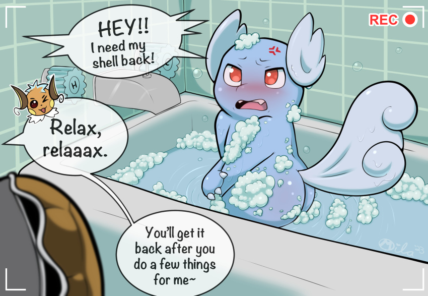 2023 anthro bath bathroom blush butt cross-popping_vein dialogue duo english_text generation_1_pokemon hi_res male milachu92 nintendo nude one_eye_closed open_mouth open_smile pokemon pokemon_(species) raichu red_eyes smile soap_bubbles suds text wartortle water wet wink