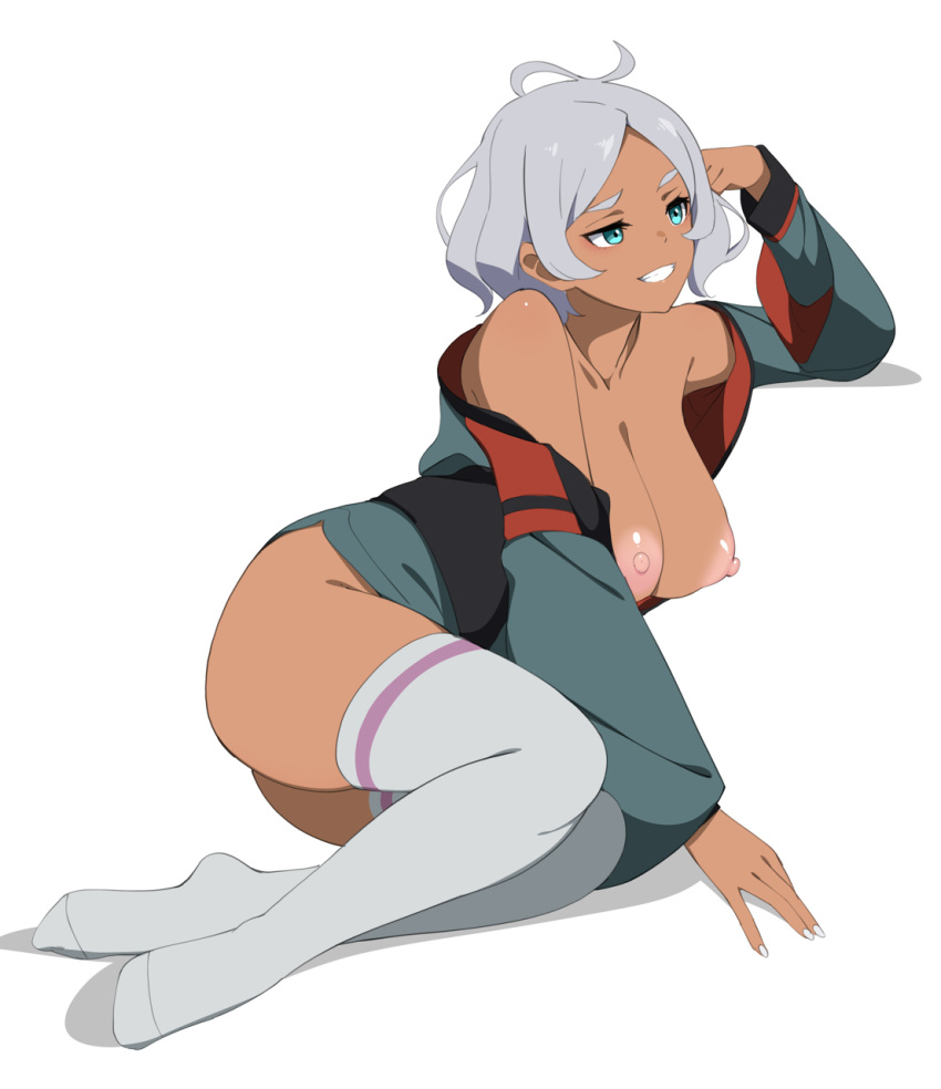 1girl bare_shoulders breasts dark-skinned_female dark_skin elbow_rest green_eyes green_jacket grey_hair grin gundam gundam_suisei_no_majo highres jacket large_breasts lying nipples no_shoes off_shoulder on_side secelia_dote short_hair simple_background smile solo teeth thighhighs thighs topless white_background white_thighhighs yu-ta