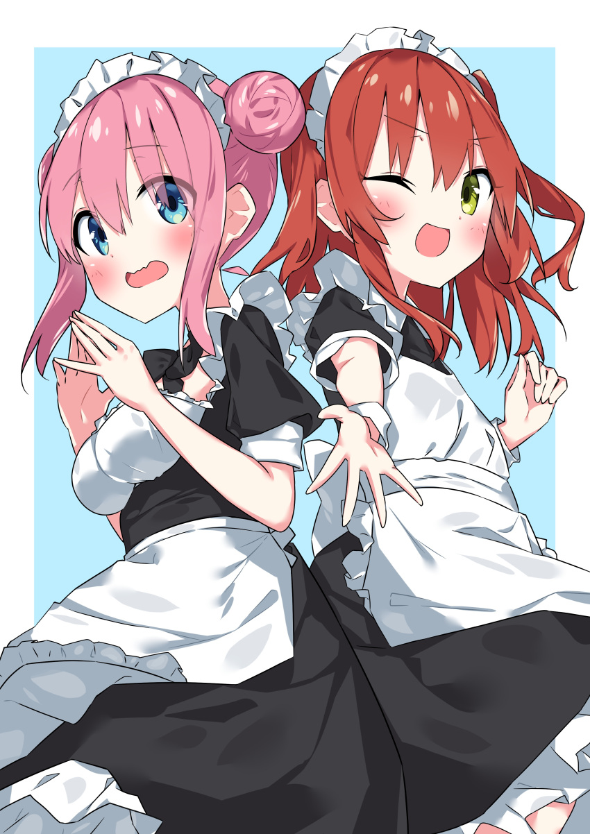 2girls :d absurdres apron black_dress blue_background blue_eyes blush bocchi_the_rock! border breasts commentary_request dress frilled_apron frills gotoh_hitori green_eyes hair_bun highres kita_ikuyo large_breasts looking_at_viewer maid maid_apron maid_headdress medium_hair multiple_girls one_eye_closed open_mouth outside_border pink_hair puffy_short_sleeves puffy_sleeves reaching reaching_towards_viewer red_hair short_hair short_sleeves smile steepled_fingers suta0822 waist_apron white_apron white_border wrist_cuffs