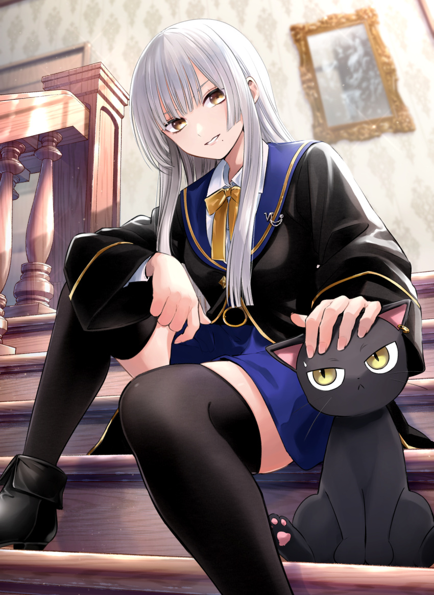 1girl animal black_cat black_footwear black_robe black_thighhighs blue_skirt bow brown_bow brown_eyes cat character_request collared_shirt commentary_request grey_hair hand_on_another's_head highres indoors kuroneko_to_majo_no_kyoushitsu long_hair long_sleeves mole mole_under_mouth natsupa robe shirt shoes sitting sitting_on_stairs skirt smile solo stairs thighhighs white_shirt