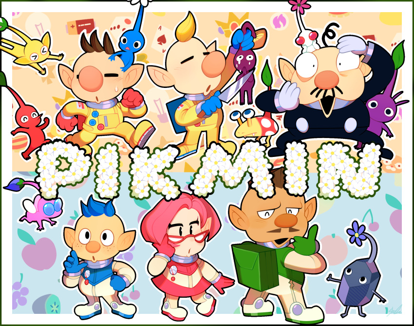 &gt;_&lt; 1girl 5boys ^_^ alien alph_(pikmin) backpack bag big_nose black_eyes black_hair black_suit blonde_hair blue_background blue_bag blue_eyes blue_gloves blue_hair blue_pikmin blue_skin border brittany_(pikmin) brown_hair bud bulbmin buttons charlie_(pikmin) clenched_hand closed_eyes colored_skin copyright_name crazy_eyes creature crying crying_with_eyes_open diving english_commentary everyone eyelashes fangs flower flying following freckles fruit_background full_body gauge glasses gloves green_bag green_gloves grey_skin hand_in_own_hair hand_on_own_hip hands_on_another's_head hands_on_own_chin hands_on_own_head highres holding holding_creature holding_knife insect_wings knife kozakana leaf leg_up looking_at_another louie_(pikmin) mohawk multiple_boys mushroom mushroom_pikmin nintendo no_headwear olimar open_mouth orange_background own_hands_together patterned_background pikmin_(creature) pikmin_(series) pink_flower pink_gloves pink_hair pink_skin pink_skirt plump pointy_ears pointy_nose polka_dot praying president_(pikmin) purple_flower purple_hair purple_pikmin purple_skin red-framed_eyewear red_bag red_eyes red_gloves red_pikmin red_skin rock rock_pikmin short_hair side-by-side skirt solid_oval_eyes spacesuit suit sweatdrop tears thumbs_up triangle_mouth triangular_eyewear two-tone_background unusually_open_eyes very_short_hair white_border white_flower white_pikmin white_skin winged_pikmin wings yellow_pikmin yellow_skin